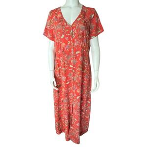 J.Jill Red Orange Floral Rayon Maxi Dress Button Front Short Sleeve Boho Style M